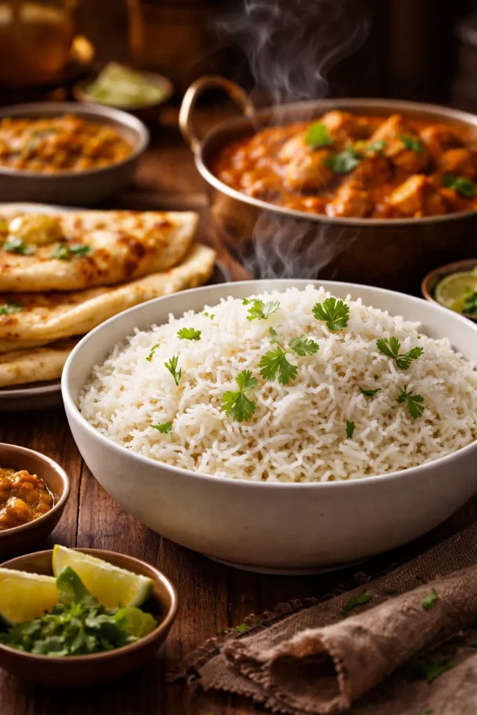 Fluffy basmati rice steaming in a white bowl, perfect side for Indian curry