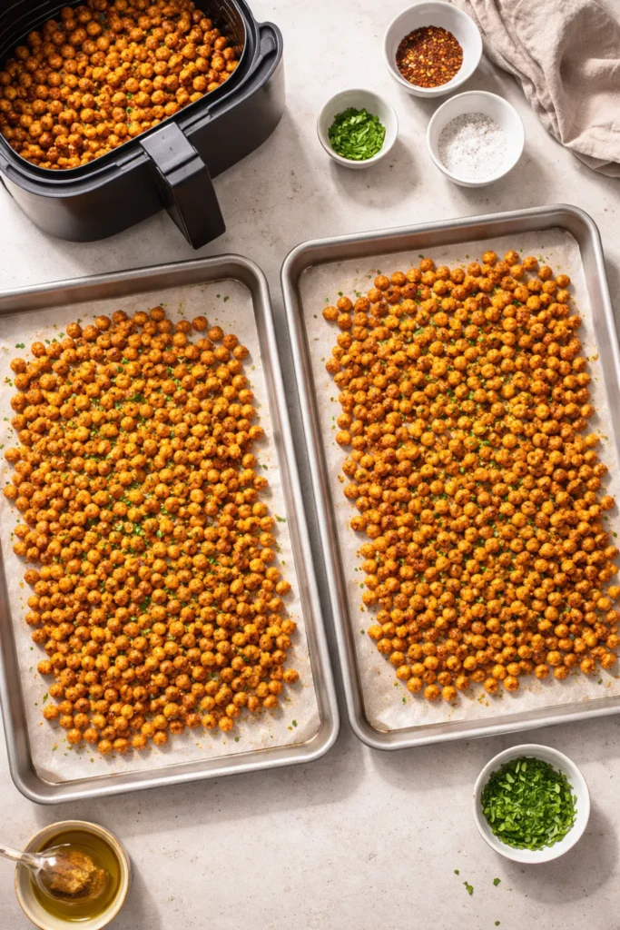Two trays of crispy chickpeas ready for batch cooking.