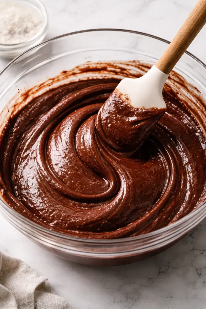 Spatula folding batter in a mixing bowl