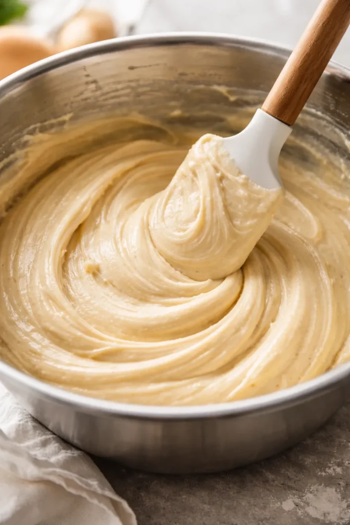 Close-up of batter in a mixing bowl with a silicone spatula