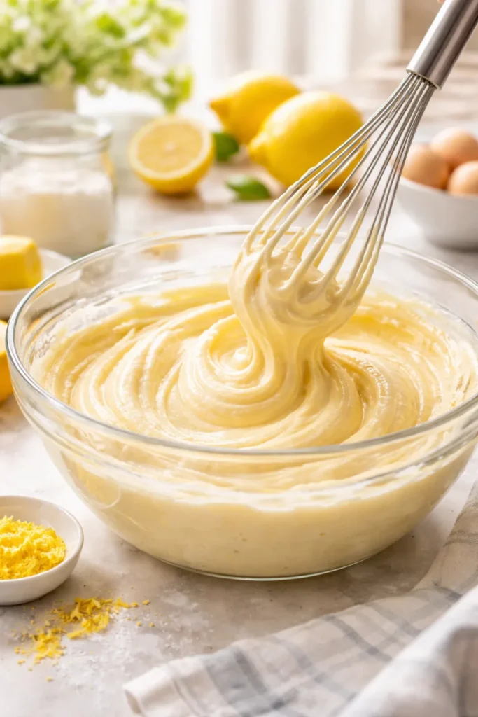 Mixing bowl with batter being whisked in bright kitchen