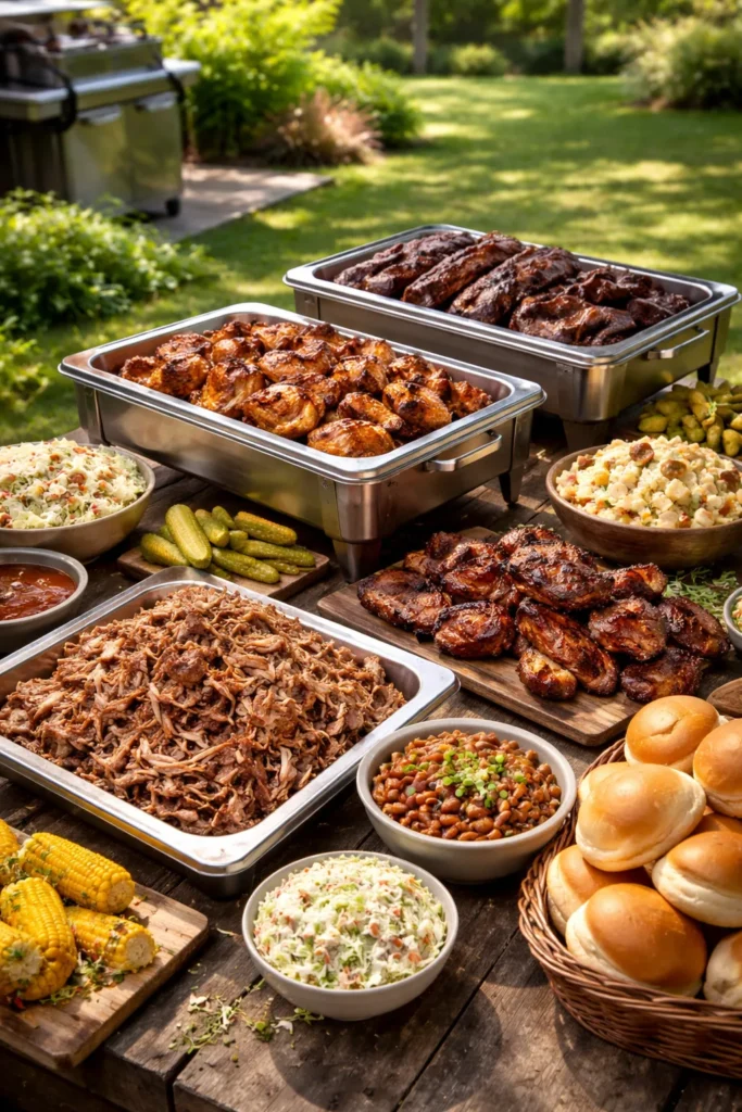 Outdoor BBQ buffet with smoked meats and sides on warming dishes