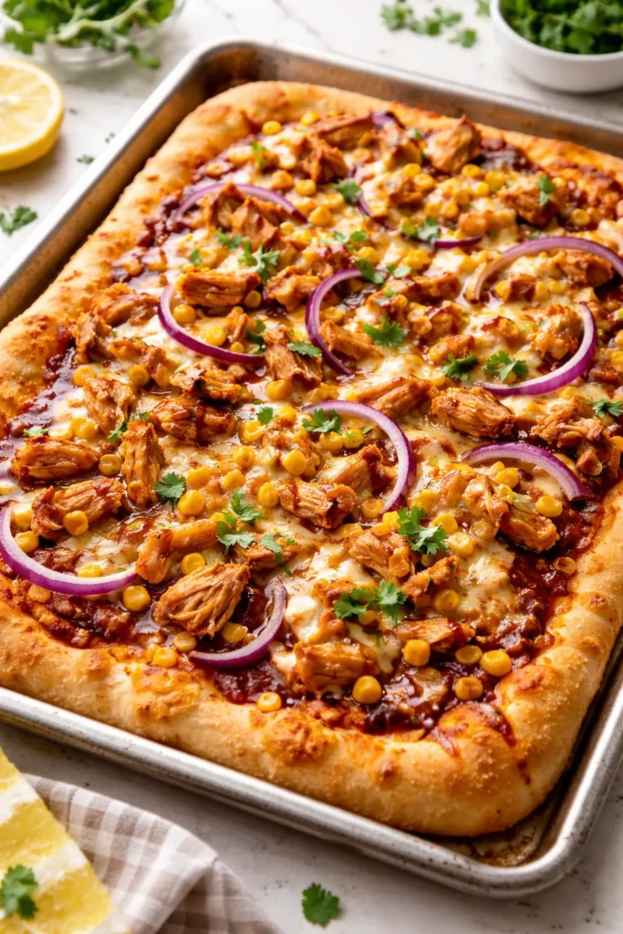 BBQ chicken pizza topped with onions and corn on a sheet pan