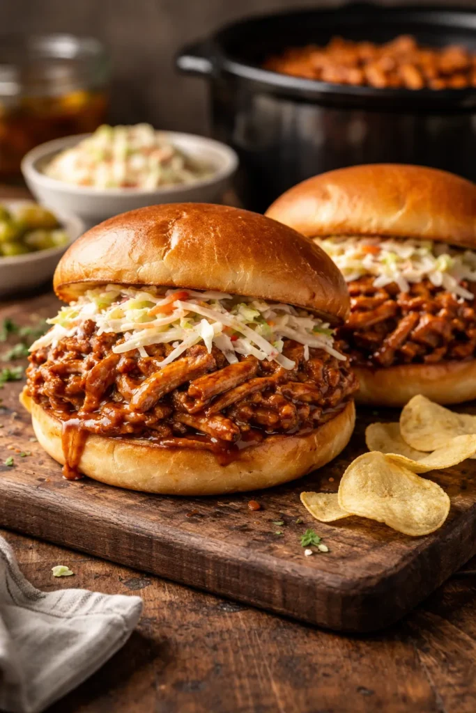 Close-up of shredded BBQ chicken on a toasted bun with coleslaw
