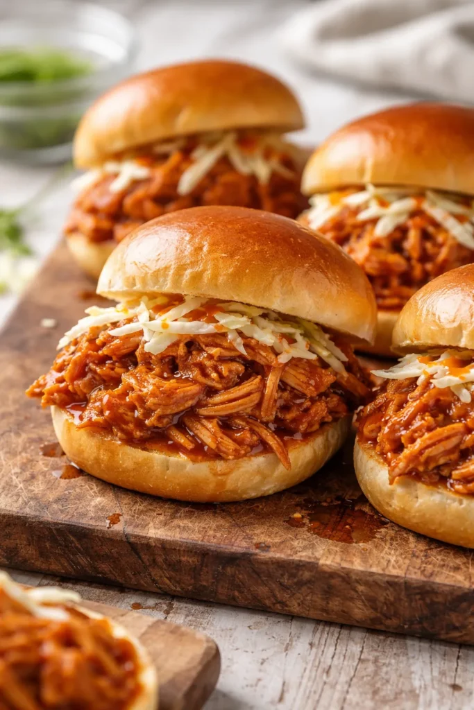 BBQ shredded chicken slider on bun with glossy glaze