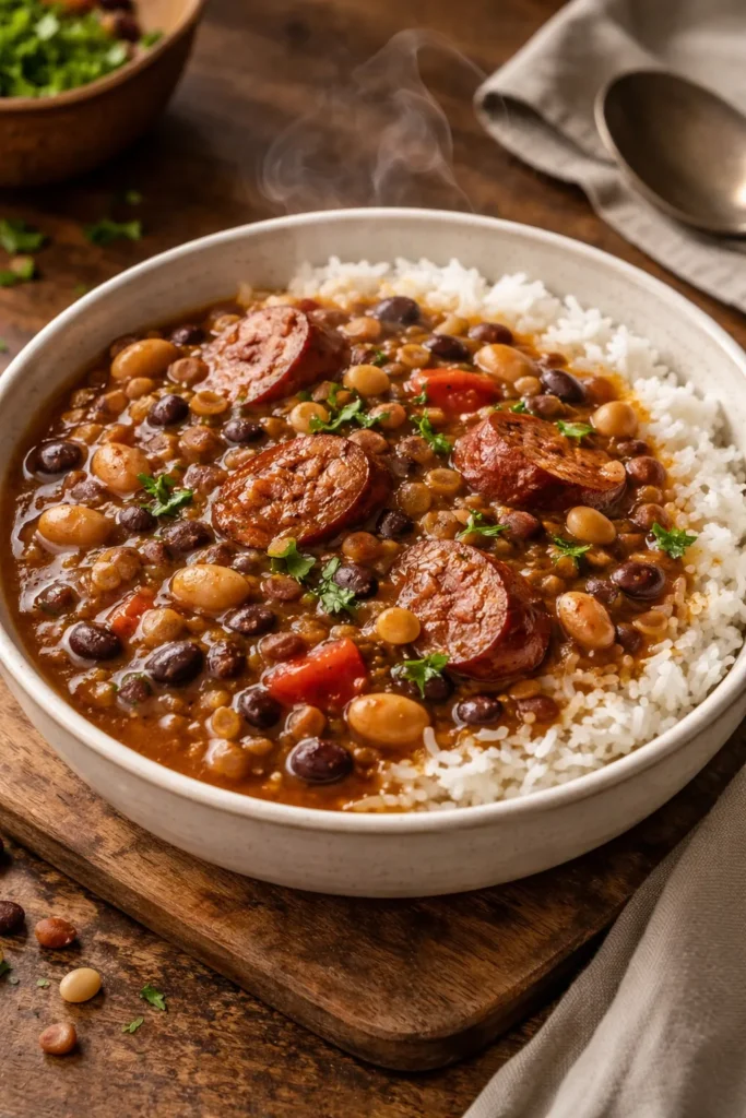 Bean soup with kielbasa over white rice in a rustic bowl