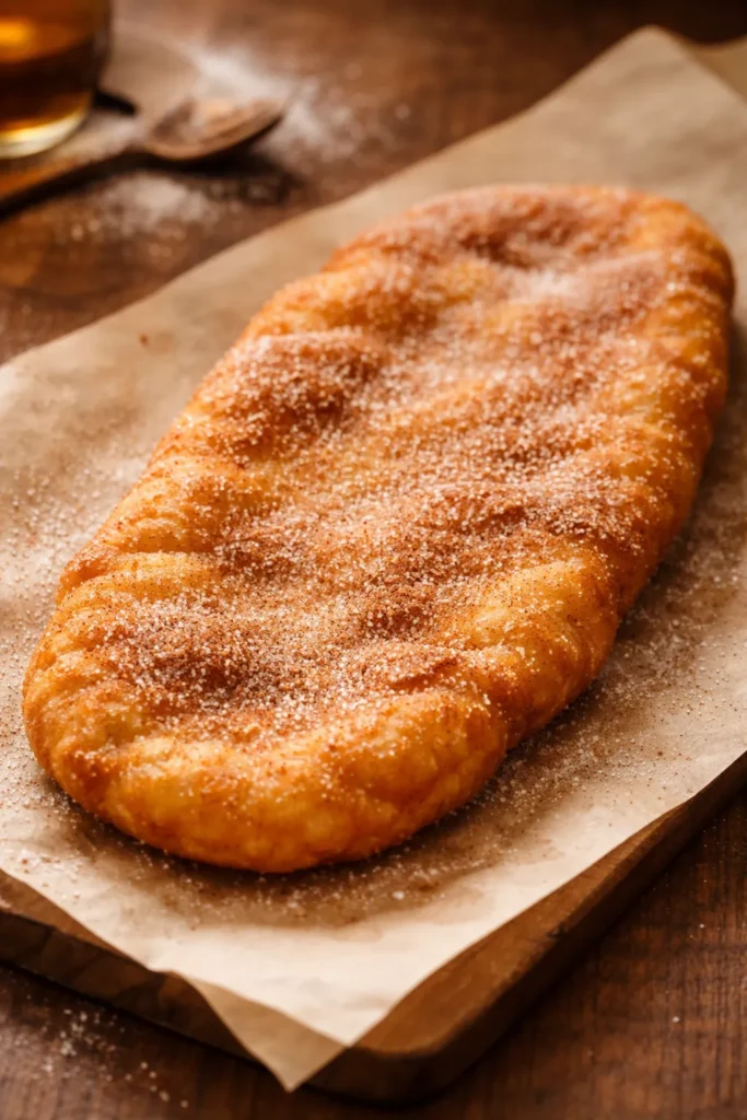 Elongated beavertail fried dough with crisp edges
