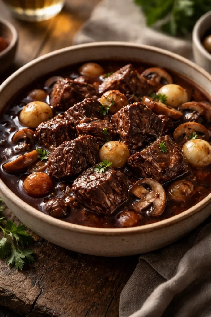 Close-up of beef bourguignon with pearl onions and mushrooms in a rustic bowl