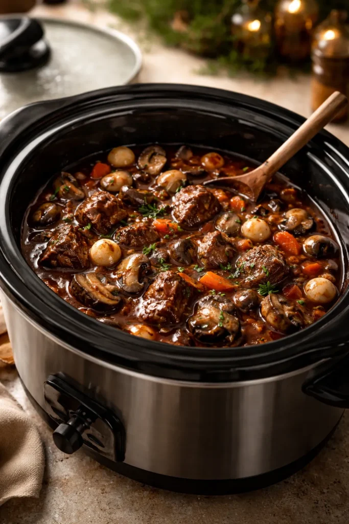 Beef bourguignon in slow cooker insert