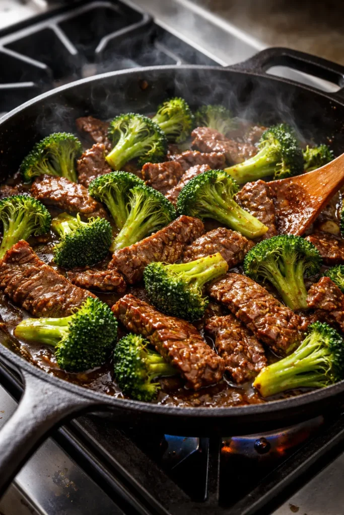 Beef and broccoli stir-fry in a hot skillet