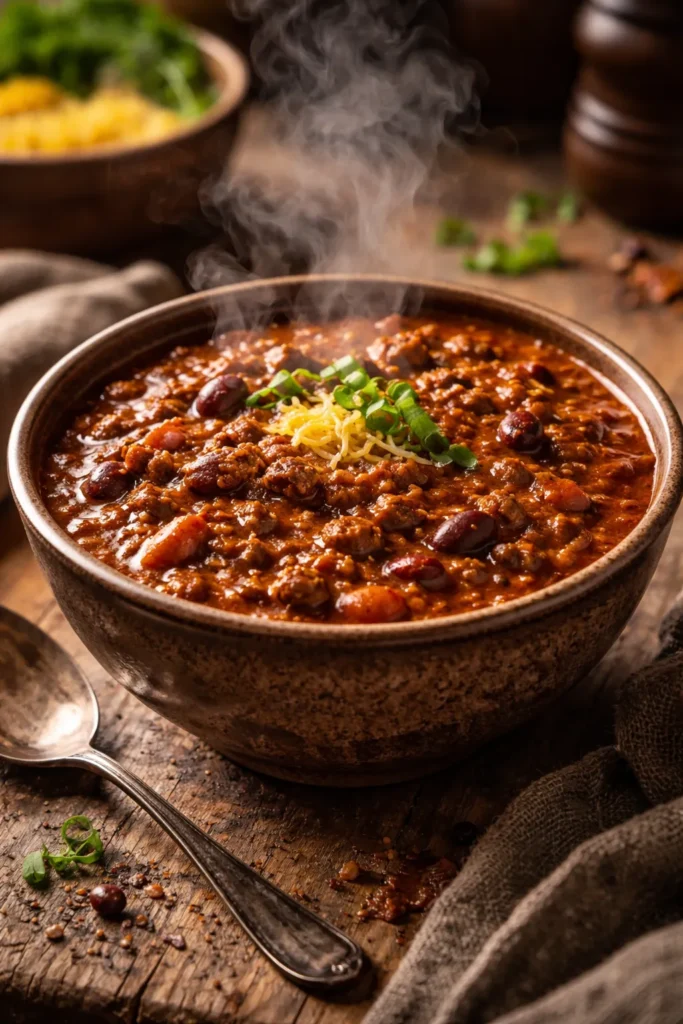 Steaming bowl of beef chili with beans on a rustic wooden table, warm kitchen lighting.
