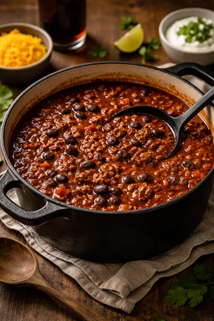 Close-up of Classic Beef Chili With Dark Beer and Black Beans in a rustic cast-iron Dutch oven
