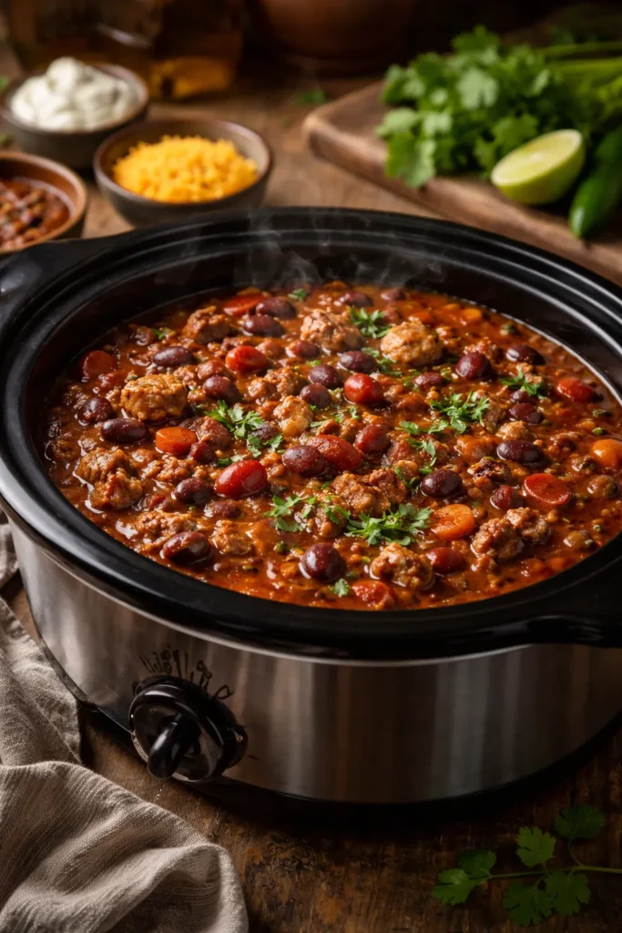 Hearty beef and bean chili with steam rising from a pot