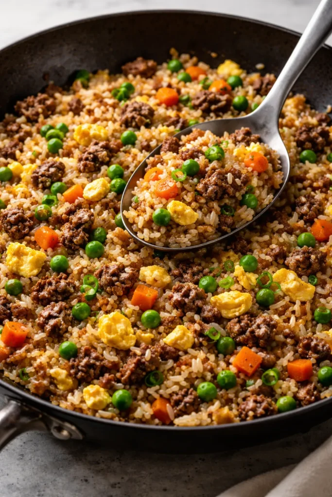 Beef fried rice with vegetables and egg in a skillet