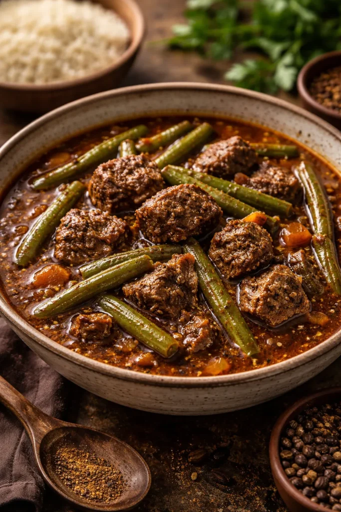 Beef and green bean Iranian stew in a bowl with spices