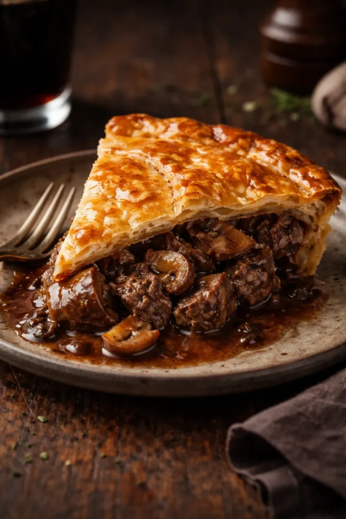 Beef and Guinness pie wedge with dark glossy gravy and mushrooms