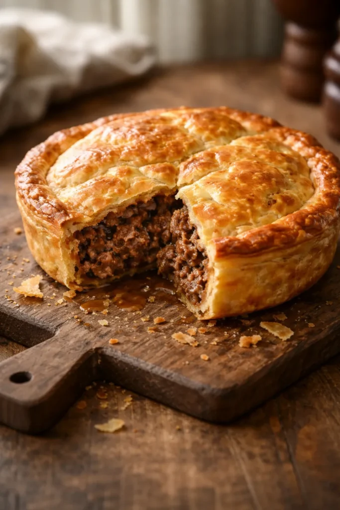 Whole old-school beef mince pie on a rustic board