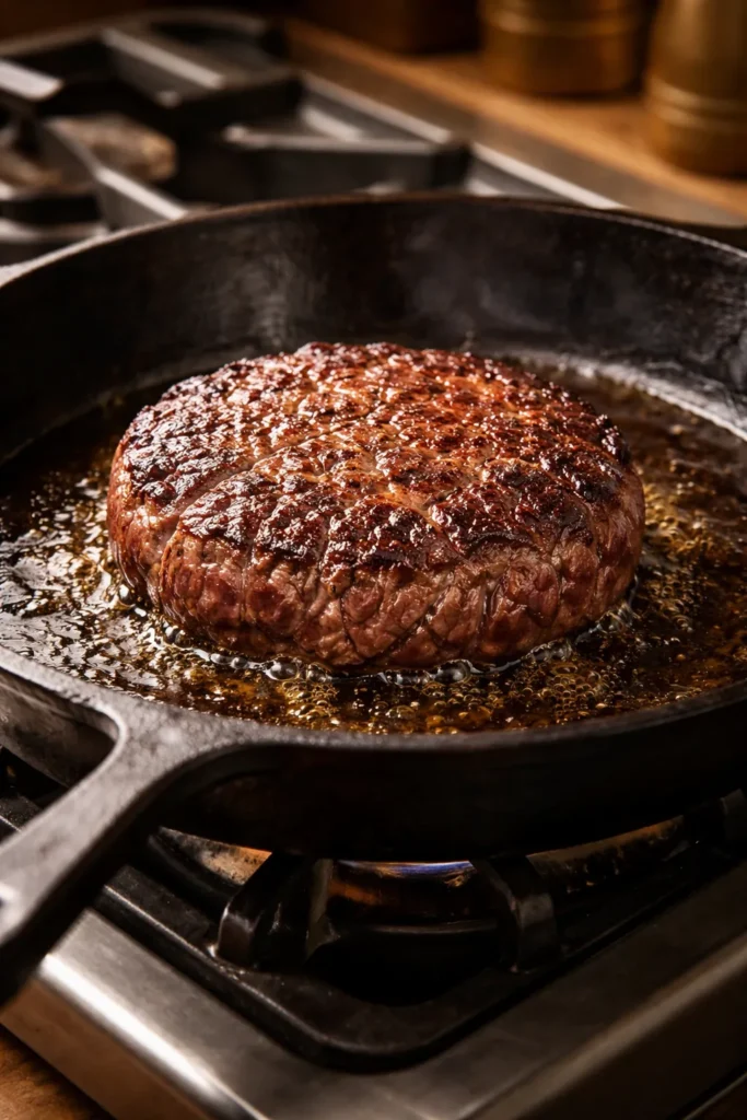 Beef patty with fat marbling searing in cast-iron skillet