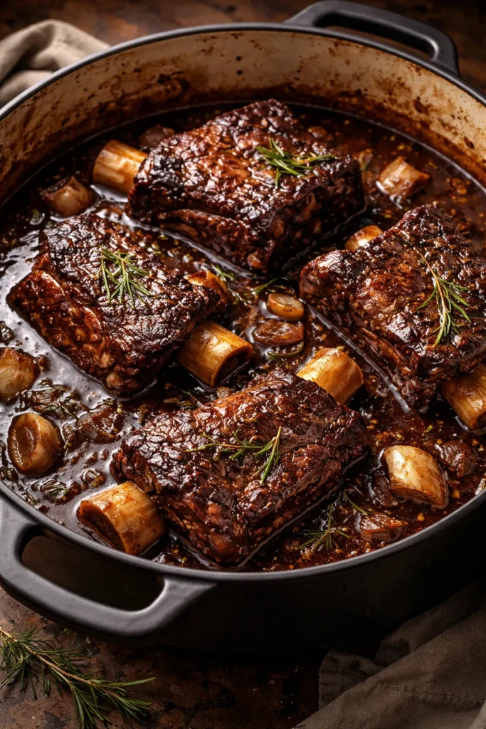 Beef short ribs in red-wine braise with onions and herbs