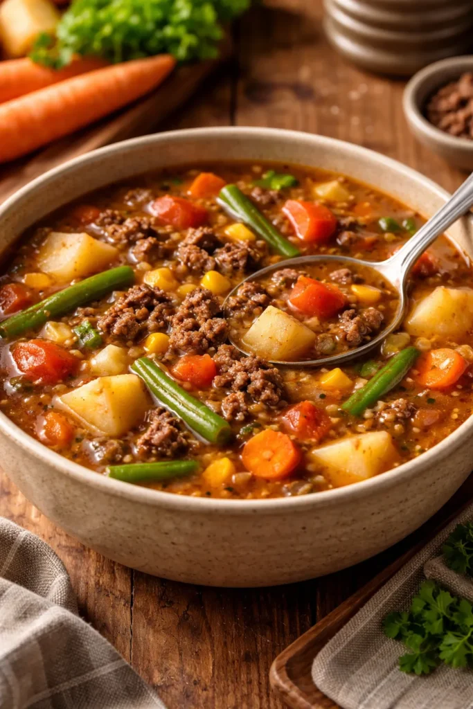 Close-up of hearty beef and vegetable soup with visible vegetables in a rich broth
