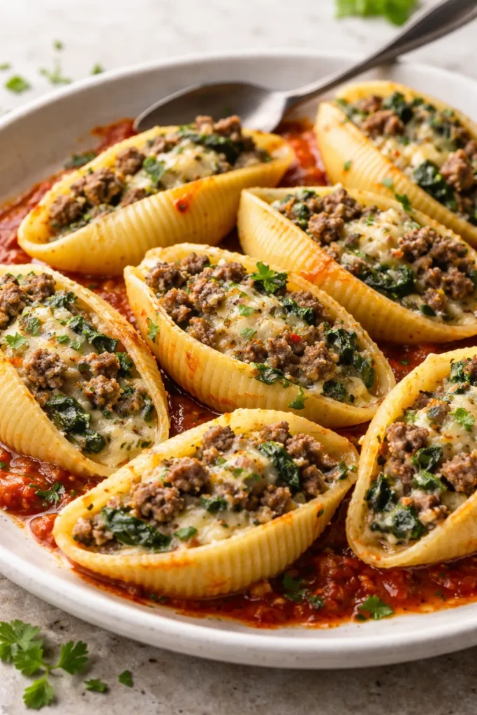 Shells filled with beef and spinach filling on plate
