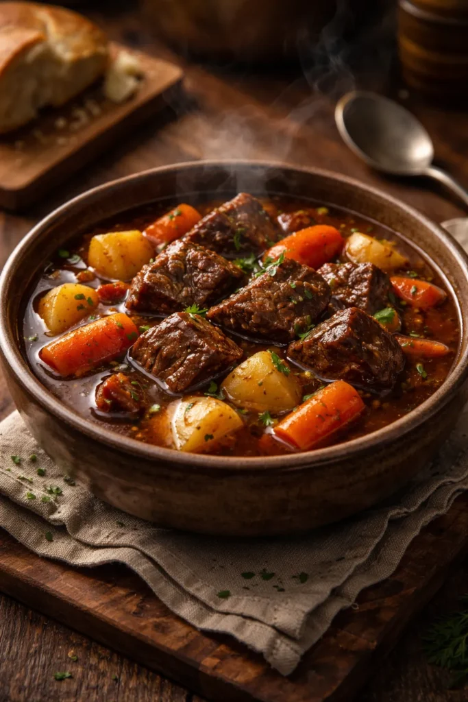 Beef stew with beef chunks, carrots, and potatoes in rich broth.