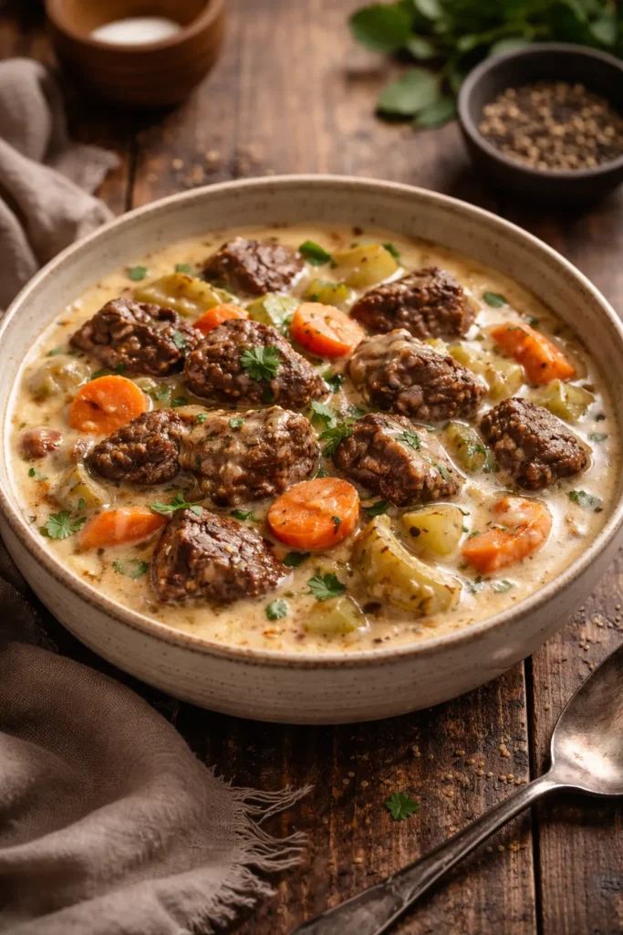 Creamy coconut beef stew in a rustic bowl with vegetables
