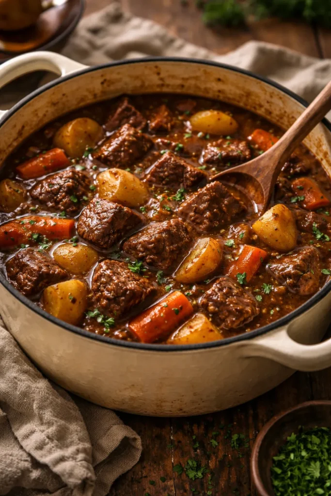 Beef stew with chunky meat and vegetables in a cast-iron pot