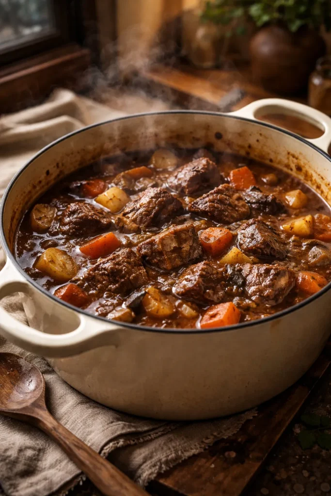 Beef stew with large tender chunks in a Dutch oven