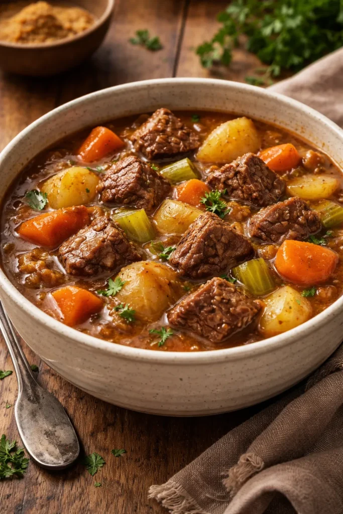 Beef stew with carrots and potatoes in a rich broth in a ceramic bowl.