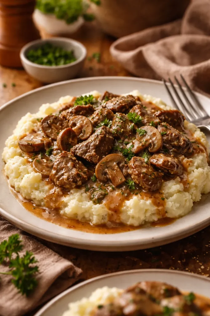 Beef Stroganoff over cauliflower mash in a shallow bowl