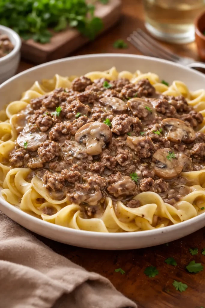 Close-up of creamy beef stroganoff over egg noodles with mushrooms
