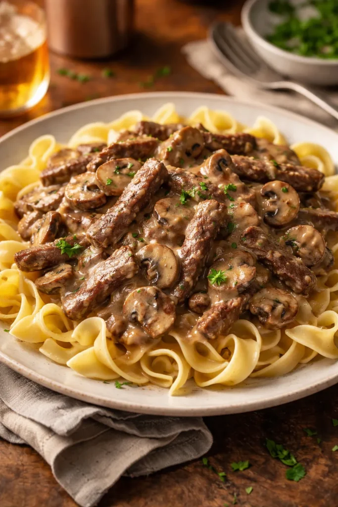 Beef stroganoff over egg noodles with mushrooms and creamy sauce