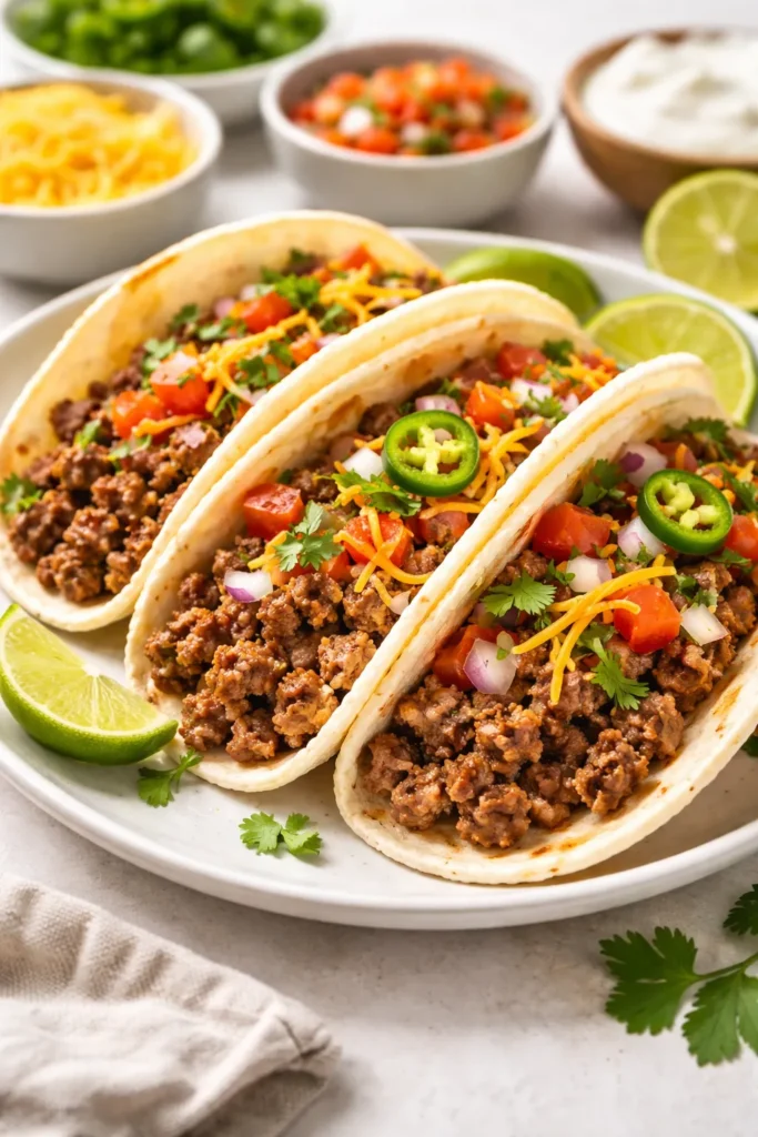 Close-up of beef tacos in soft tortillas
