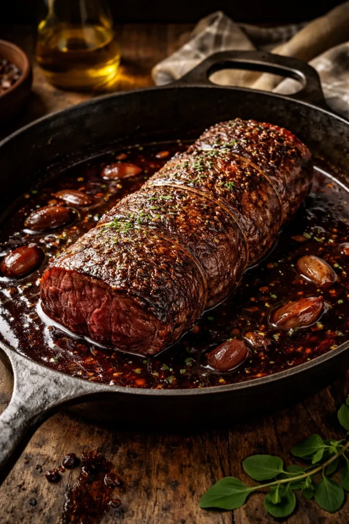 Close-up of beef tenderloin roast with red wine pan sauce in a cast-iron skillet