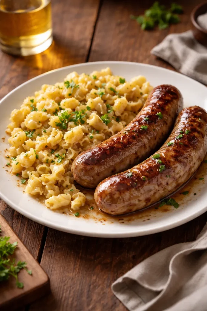 Beer-braised bratwurst with buttered spaetzle on plate