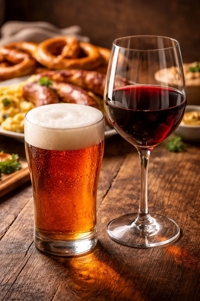 Beer and wine glasses on a wooden table for pairing.