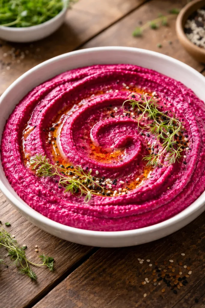 Close-up of magenta beet hummus in a bowl with dill garnish