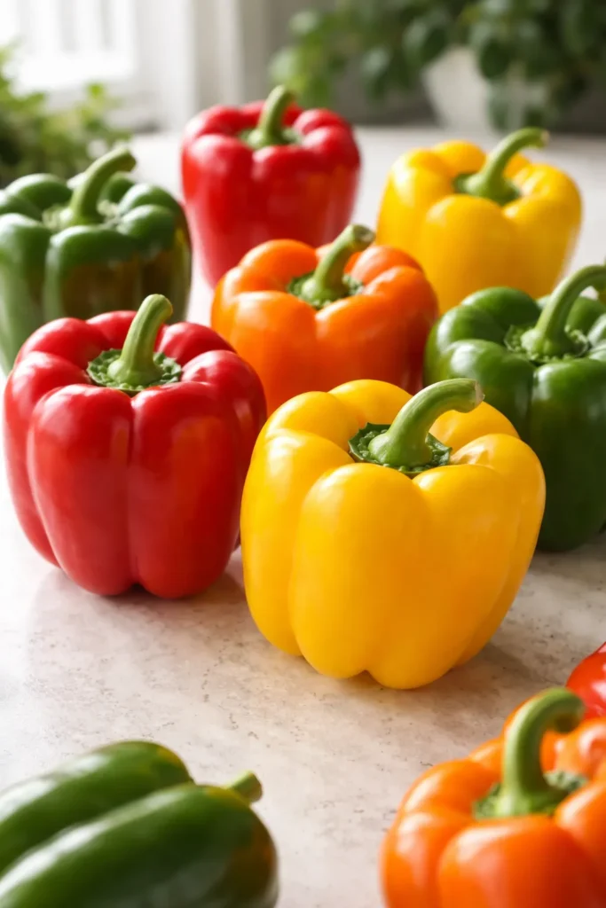 Colorful bell peppers arranged on a neutral surface, highlighting selection of red, yellow, orange, and green peppers