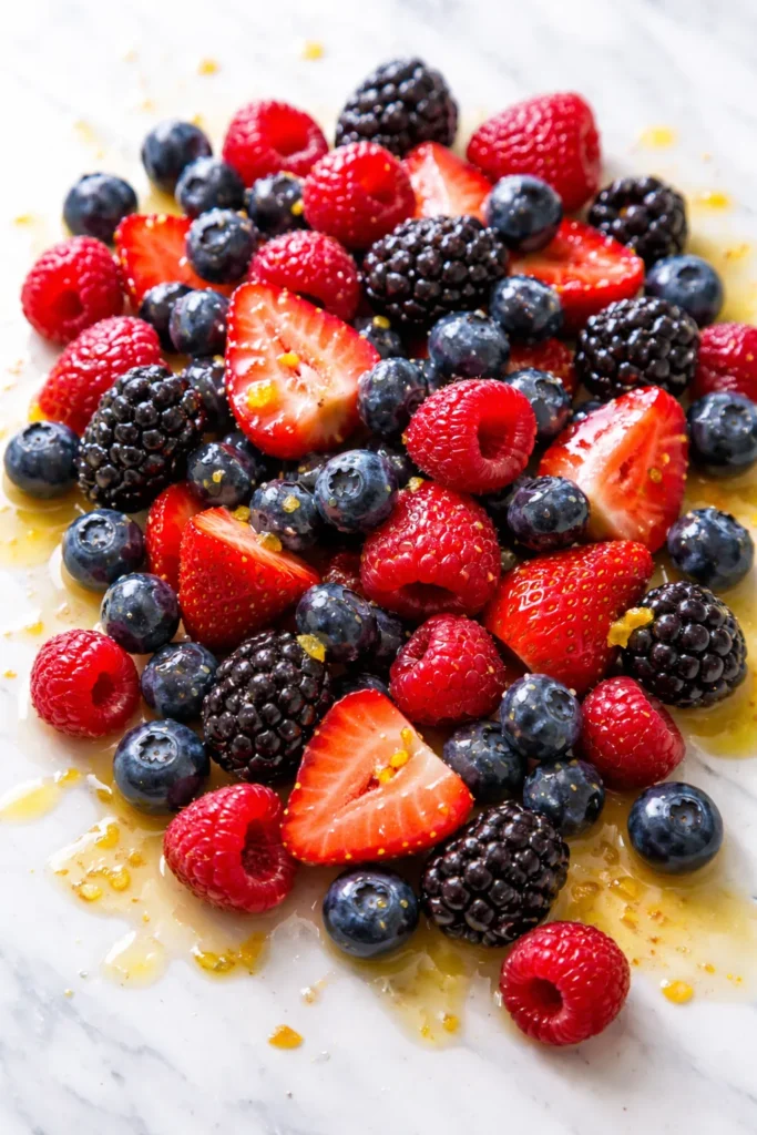 Assorted fresh berries with citrus glaze on a white surface