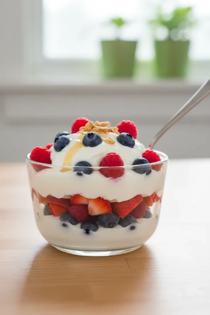 Vanilla yogurt parfait topped with fresh strawberries, blueberries, and raspberries