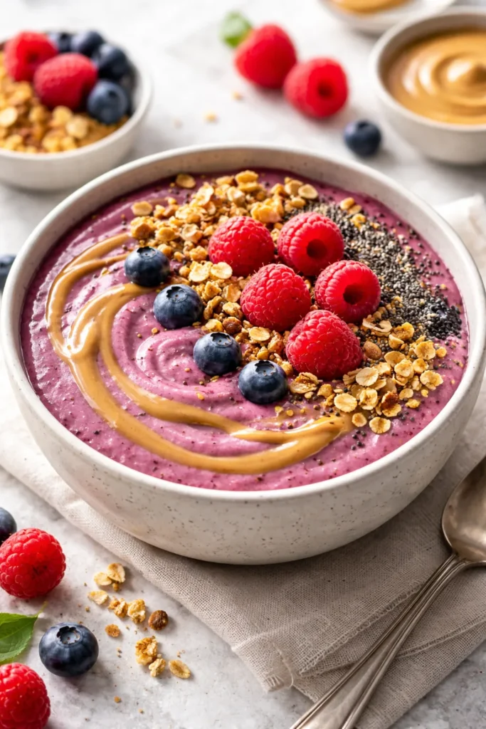 Classic berry protein smoothie bowl topped with fresh raspberries, granola, chia seeds, and a peanut butter drizzle.