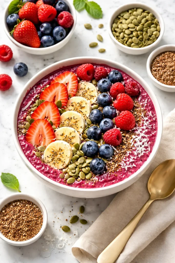 Triple berry smoothie bowl with seeds and fruit toppings