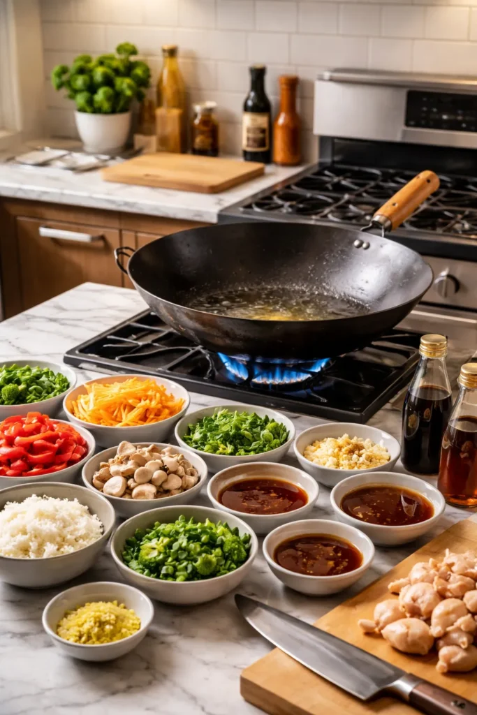 Kitchens scene with wok and prepared ingredients for takeout-style cooking