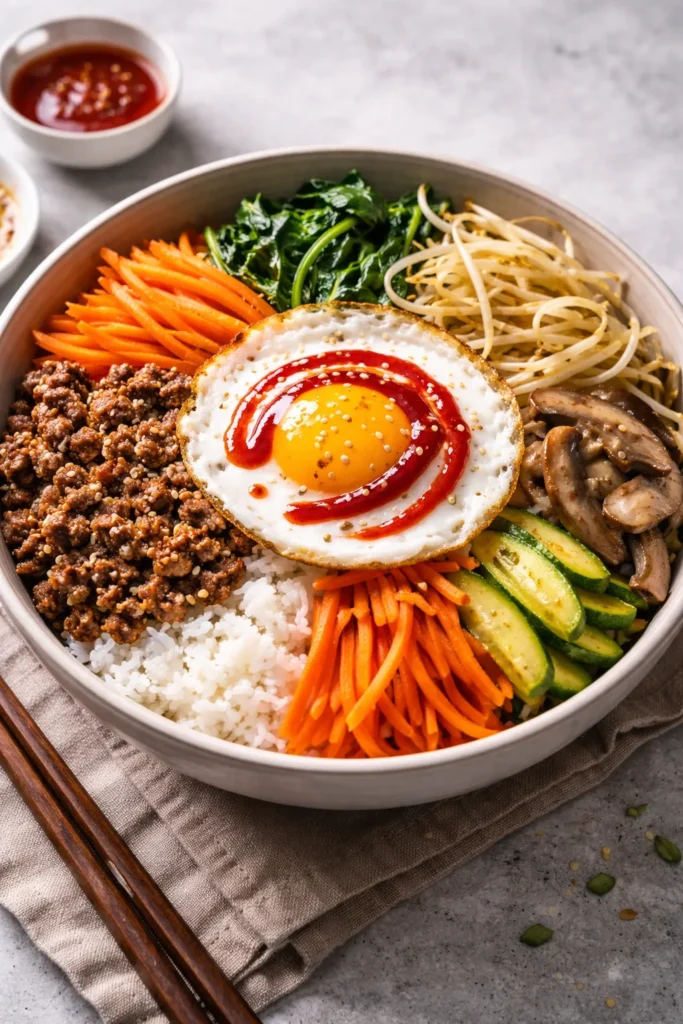 Bibimbap bowl with rice, vegetables, beef, egg and gochujang