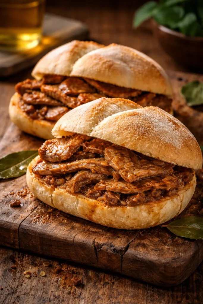 Close-up of a bifana sandwich on a wooden board, showing tender pork filling