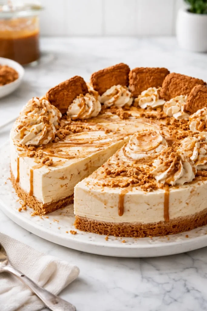 Close-up of Biscoff Cheesecake with caramel color and cookie crust