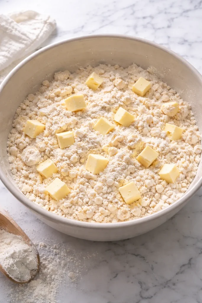 Crumbly biscuit dough with cold butter chunks in flour