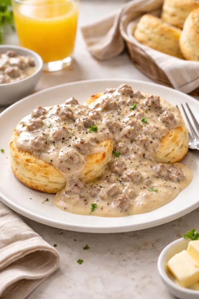 Biscuits with sausage gravy on a plate