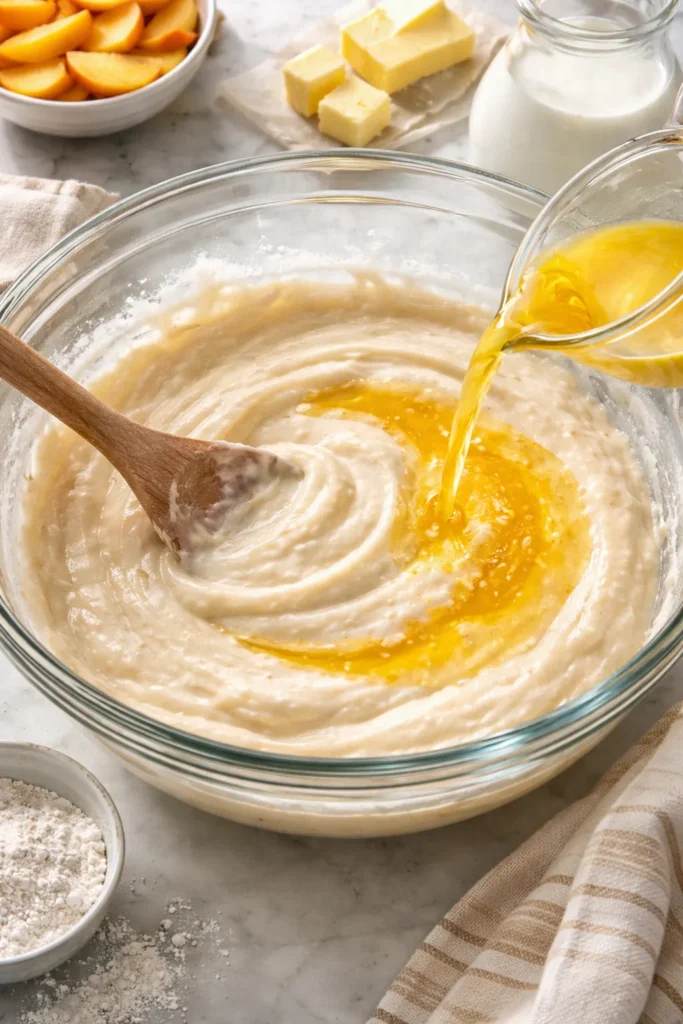 Pale glossy batter with melted butter in a glass bowl, no branding